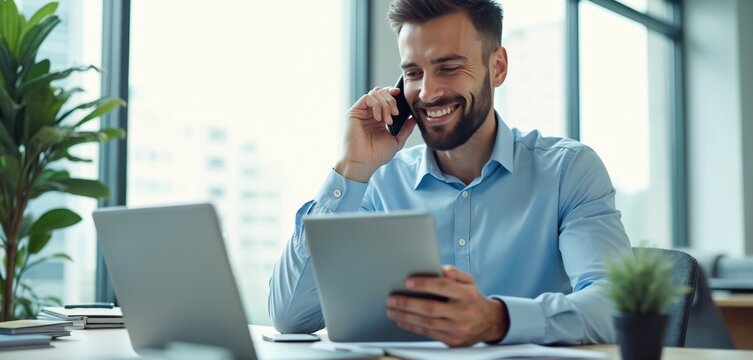 Smiling businessman talking smartphone holding digital tablet in office. Male executive, employee working with laptop, mobile phone. Young adult using tech for communication, discussing project plans.