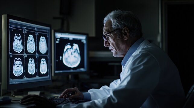 A medical professional examines brain scans on a computer monitor