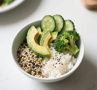 Vibrant Plant-Based Bowl with Superfoods Rice, Quinoa, Avocado, Cucumber, and Broccoli &ndash; Top View Photography.