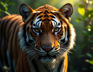 Fototapeta premium Beautiful adult tiger staring ahead in the wild, majestic and powerful predator, close-up portrait in natural habitat