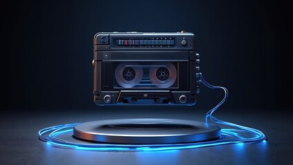 Vintage cassette tape player with glowing blue cable, suspended above a circular base, showcasing retro technology and nostalgic design elements in a modern artistic presentation