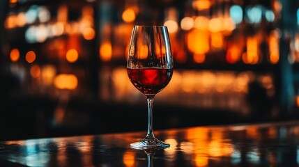 A glass of wine placed on a vintage bar, wine, glass, drink, alcohol, red, table, white, restaurant, bottle, glasses, beverage, wineglass, bar, dinner, celebration, red wine, food, reflection, wine