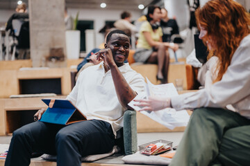 Two coworkers discussing and sharing creativity in a modern office environment, fostering teamwork and productive communication.