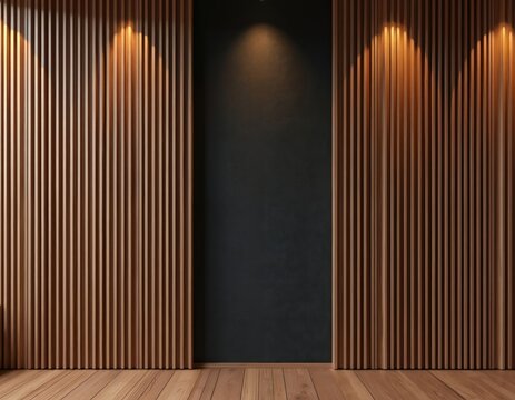 Acoustic fluted wood panel wall with black cloth back material. Wooden striped background with vertical lines, shadows. Interior design, wooden floor. Modern decor, vintage style for wallpaper