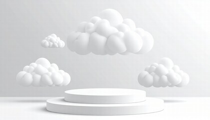 3D white clouds floating above the round podium, white background