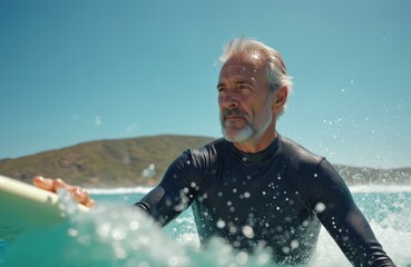 Mature man surfing on wave. Elderly surfer enjoys water sport, has fun at ocean beach. Active senior practices summer recreation in wetsuit at tropical island vacation.