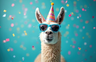 Llama animal wearing birthday party hat and sunglasses with confetti on blue background. Cute alpaca celebrates event. Fun, happy, joyful moment. Celebration concept.