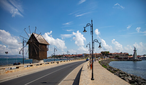Historic Windmill and Causeway Leading to Nesebar Old Town