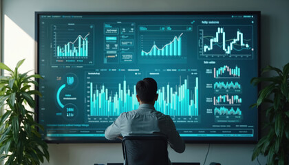 Businessman analyzes KPI dashboard on big screen displaying financial data. Charts graphs show earnings sales data in modern office. Business professional studies market trends.