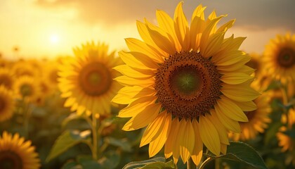 Bright sunflowers at sunset. Yellow flower petals, dark seeds arranged in spiral. Agriculture, harvest season, nature beauty, warm sunny light, plants. Ideal for farming promo, eco-friendly, bio tech