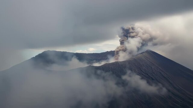 Dramatic view of Mount Bromo erupting in a cloudy sky, Indonesia nature landscape