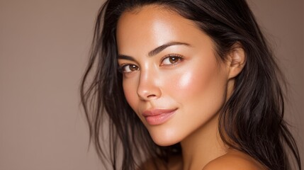 Fototapeta premium Portrait of a Latina woman with radiant skin, soft shadows, neutral background