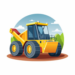 Fototapeta premium A yellow construction vehicle, possibly a loader, sits on brown ground against a backdrop of a sunny landscape with green hills and fluffy clouds.