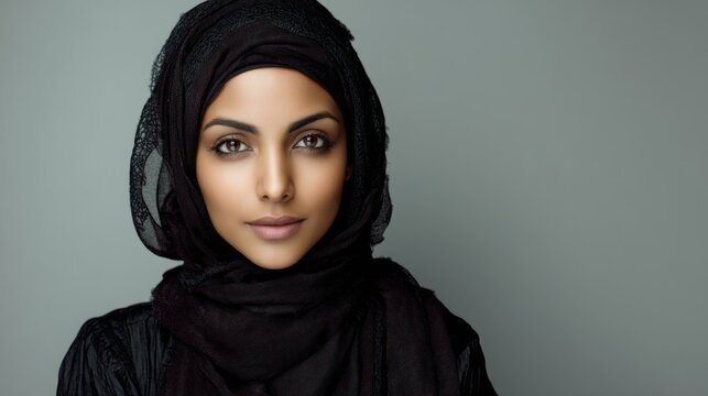 Portrait of a Middle Eastern woman with hijab, serene expression, clean studio background