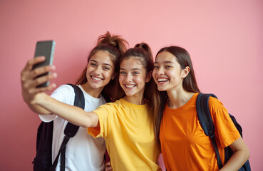 Obraz premium Three happy teenage girls smile take selfie with smartphone. Young female friends posing on camera. Smiling girls make photo or video content, recording blog on pink background.