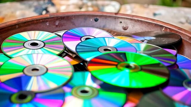 Close-up of iridescent compact discs in a brown bowl shows refracted light and vibrant colors, revealing a technological relic.