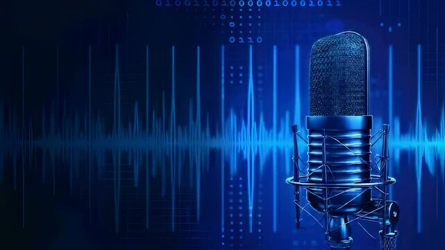 Studio Microphone with Audio Waveform and Binary Code Background Visual