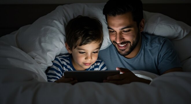 Father and Son Bonding in Bed at Night, Using a Tablet Computer Together