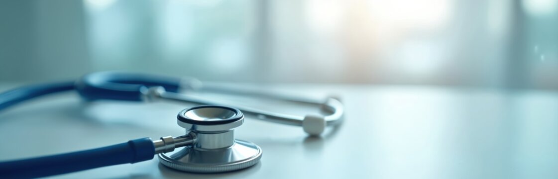 Stethoscope on white table. Healthcare tool against blurred window background. Medical equipment for auscultation, diagnosis, patient checkup. Healthcare, medicine, well-being, doctor, treatment.