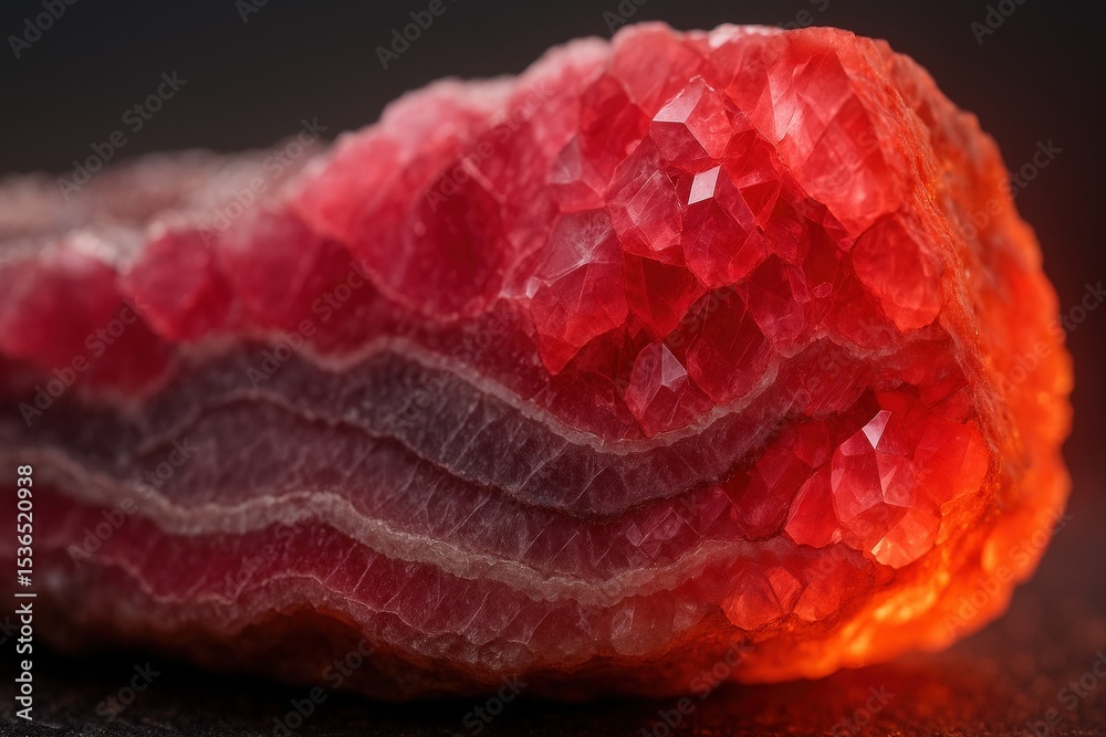 Poster red crystalline substance with luminescent glowing core.