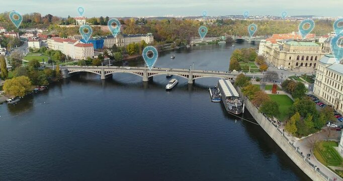 Smart city panorama with location markers. Location markers of different places in the city, from above. European city with large river and bridge, top view.