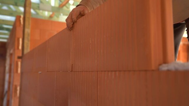 Worker aligns ceramic blocks while constructing wall in unfinished house