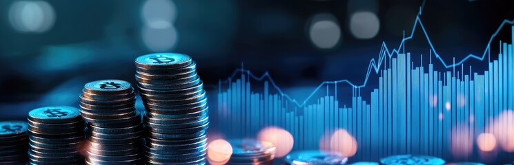 Stacks of coins with rising stock market graph