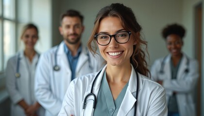 Diverse medical professionals team smiling, ready assist. Doctors wearing lab coats, stethoscopes at clinic. Medical professionals dedicated healthcare. Focus on female doctor with glasses.