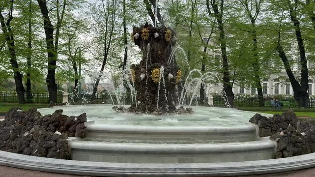 Saint Petersburg. Video of famous Crown Fountain of Summer Garden of St. Petersburg, created by architect M. Zemtsov in 1725 and recreated in 2011 - favorite place for walks of city residents