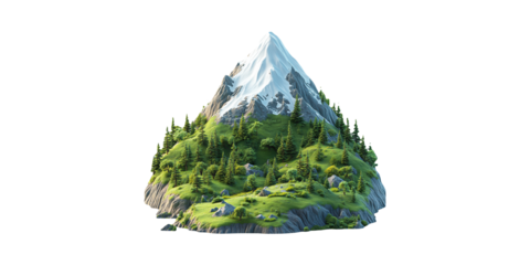 Snow-Capped Mountain With Lush Greenery And Pine Trees. Nature And Tranquility Isolated On Transparent Background