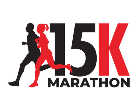 Silhouette of a man and woman running a 15K marathon - vector logo design - vector illustration