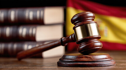 Judge gavel with Spanish flag and legal books in background.