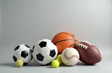 Collection sports balls on gray backdrop. Soccer football, basketball, baseball, rugby american football and tennis balls. Sport equipment, team games, healthy active lifestyle concept.