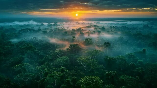 Breathtaking Aerial View of the Amazon Rainforest Canopy at Sunrise with Mist