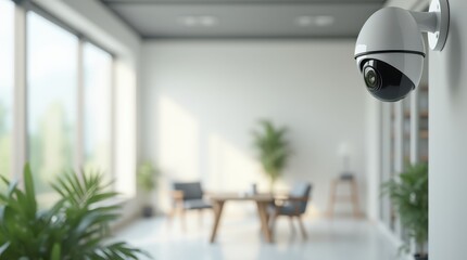 Fototapeta premium A security camera mounted on the ceiling of a modern, sunlit office. The background is blurred, emphasizing technology and workplace safety.