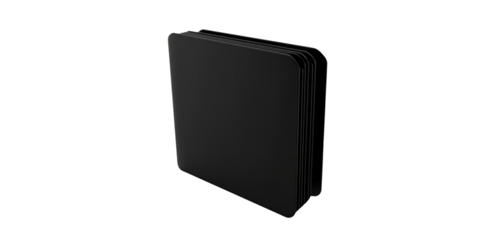 Stack of black plastic sheets with rounded edges isolated on transparent background