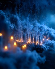 Obraz premium Conceptual floating ofrenda made of clouds, candles flickering in midair, ghostly silhouettes of loved ones appearing subtly in the sky ethereal and emotional theme