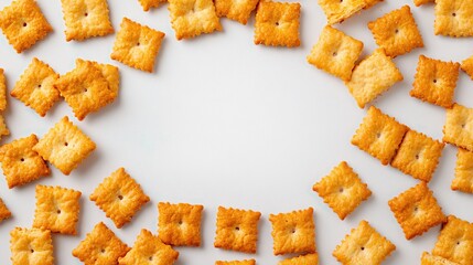 Square crackers form a border around a blank, light-blue background.  The crackers are golden-brown, slightly textured, and have a small indentation in the center of each