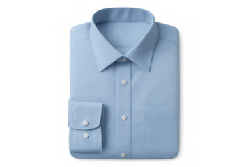 Light blue dress shirt folded precisely, highlighting crisp tailoring and professional styling against transparent backdrop
