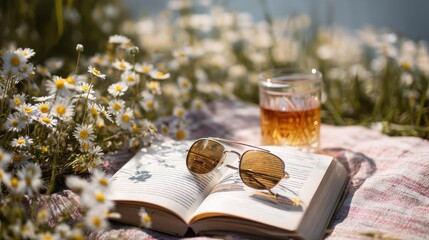 Relaxing still life of a book, sunglasses, and a drink on a picnic blanket in a field of daisies, Spring Bank Holiday leisure concept, soft focus and bright sunlight