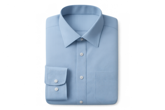 Light blue dress shirt folded precisely, highlighting crisp tailoring and professional styling against transparent backdrop
