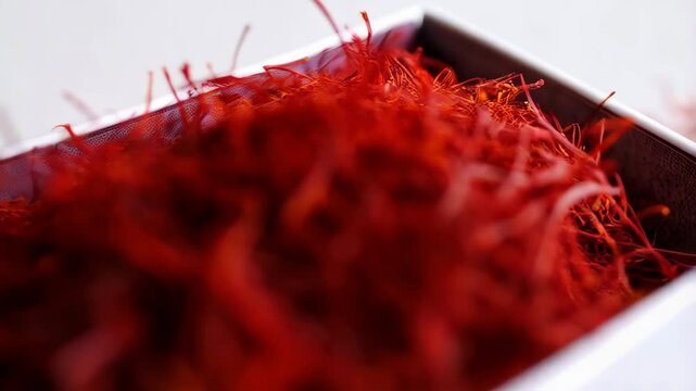 Saffron threads piled in a white rectangular dish used for flavoring food and as a natural coloring agent