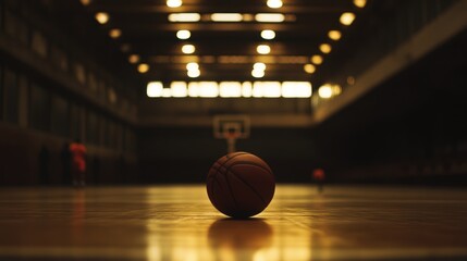 Basketball ball resting on wooden court inside gymnasium with overhead lighting