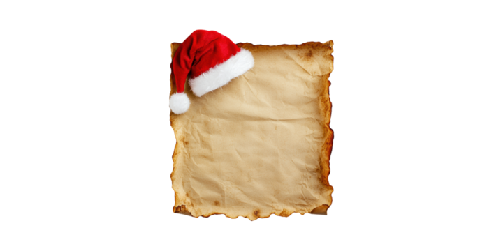 Santa Hat Burnt Parchment Paper. Festive Christmas For Holiday Messages Isolated On Transparent Background