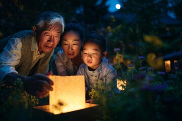 Closeup of a chinese family lighting lanterns in a quiet backyard garden, moon shining above multi-generational warmth