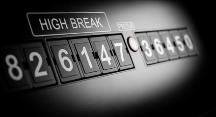 Vintage mechanical odometer display with high break indicator in black and white