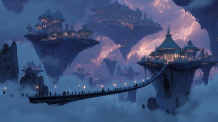 Naklejka premium Sci-fi fantasy concept art of a floating city glowing softly at twilight, with interconnected sky islands, futuristic-clad inhabitants, and light-bridges arching across the clouds