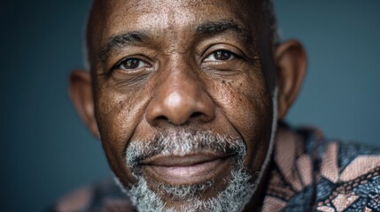 Fototapeta premium Senior African-American man with wrinkles, soft expression, clean backdrop, natural light
