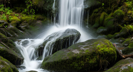 Fototapeta premium Serene Waterfall Cascading over Mossy Rocks Nature's Masterpiece