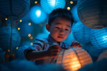 Close-up of a Chinese child painting a colorful lantern, highlighting cultural expression and childhood creativity.